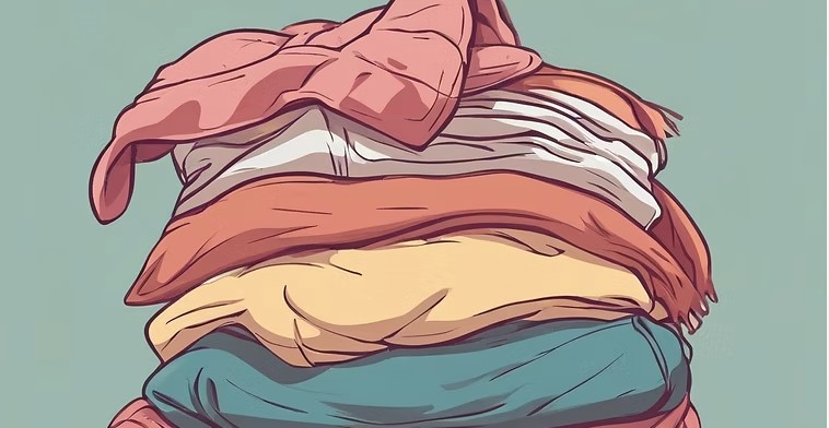 An illustrated stack of folded donated clothing